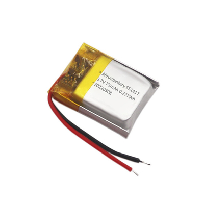 Paquete de baterías IoT delgadas Recargable Custom 3.7 V 75mAh LiPo Batería 651417